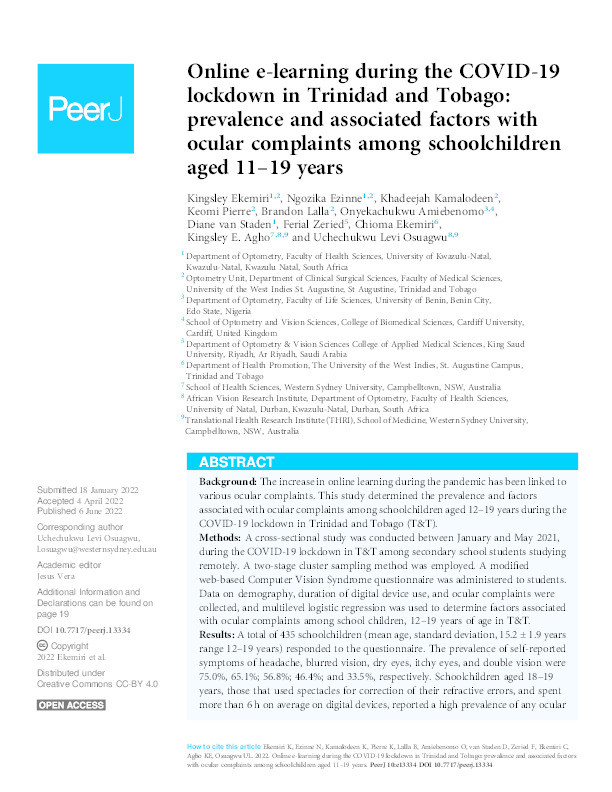 Online e-learning during the COVID-19 lockdown in Trinidad and Tobago: prevalence and associated factors with ocular complaints among schoolchildren aged 11-19 years Thumbnail