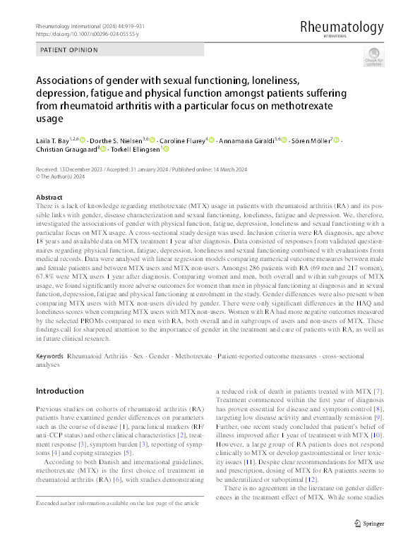 Associations of gender with sexual functioning, loneliness, depression, fatigue and physical function amongst patients suffering from rheumatoid arthritis with a particular focus on methotrexate usage Thumbnail