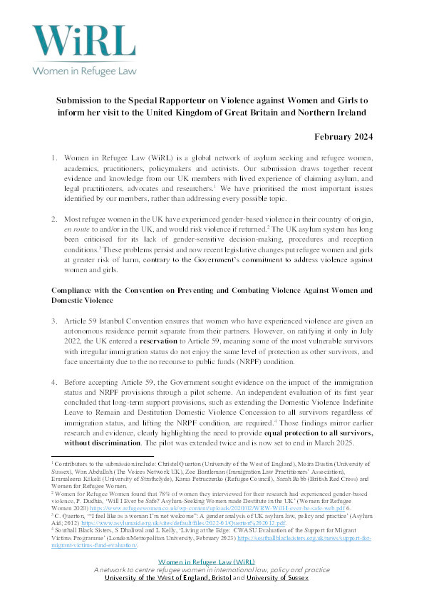 Submission to the special rapporteur on violence against women and girls to inform her visit to the United Kingdom of Great Britain and Northern Ireland Thumbnail