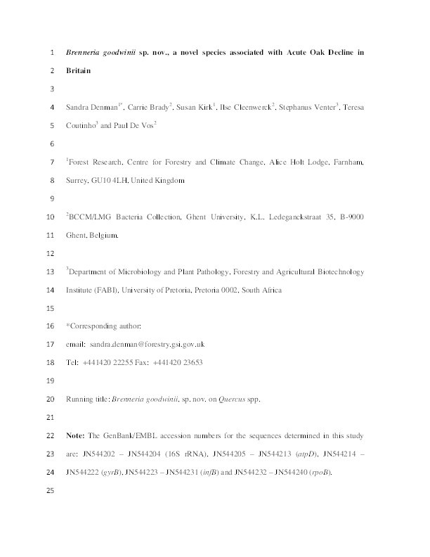 Brenneria goodwinii sp. nov., associated with acute oak decline in the UK Thumbnail