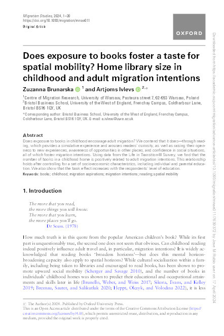 Does exposure to books foster a taste for spatial mobility? Home library size in childhood and adult migration intentions Thumbnail