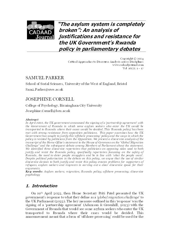 "The asylum system is completely broken": An analysis of justifications and resistance for the UK Government's Rwanda policy in parliamentary debates Thumbnail