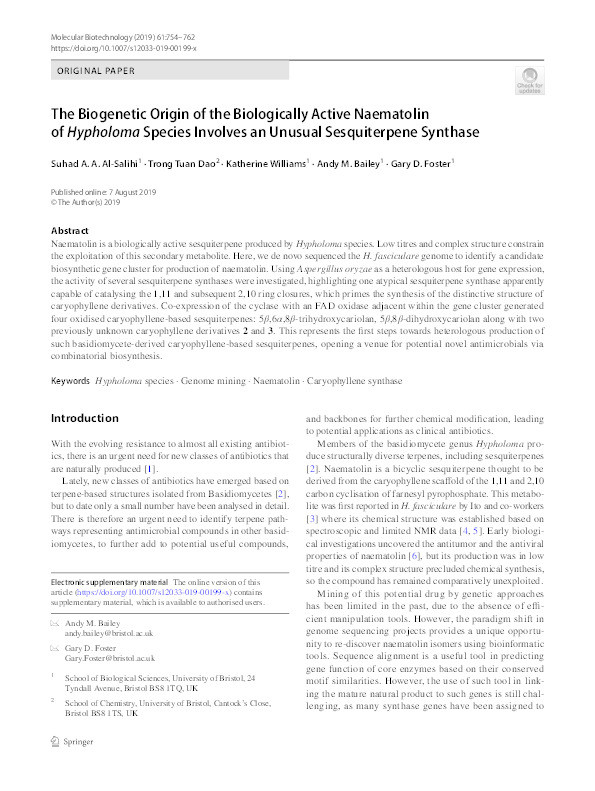 The biogenetic origin of the biologically active Naematolin of Hypholoma species involves an unusual sesquiterpene synthase Thumbnail