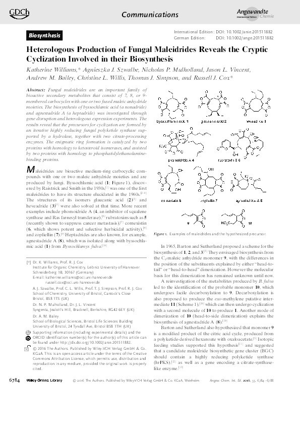 Heterologous production of fungal maleidrides reveals the cryptic cyclization involved in their biosynthesis Thumbnail