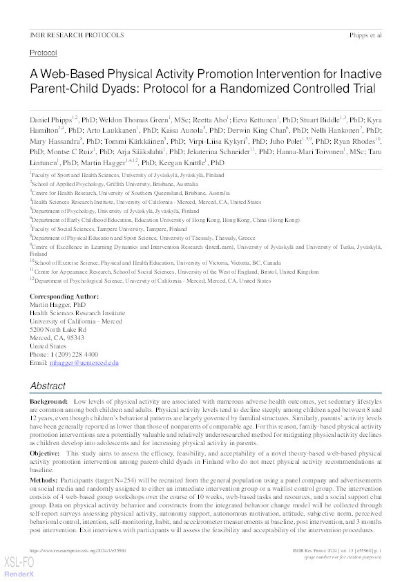 A web-based physical activity promotion intervention for inactive parent-child dyads: Protocol for a randomized controlled trial Thumbnail