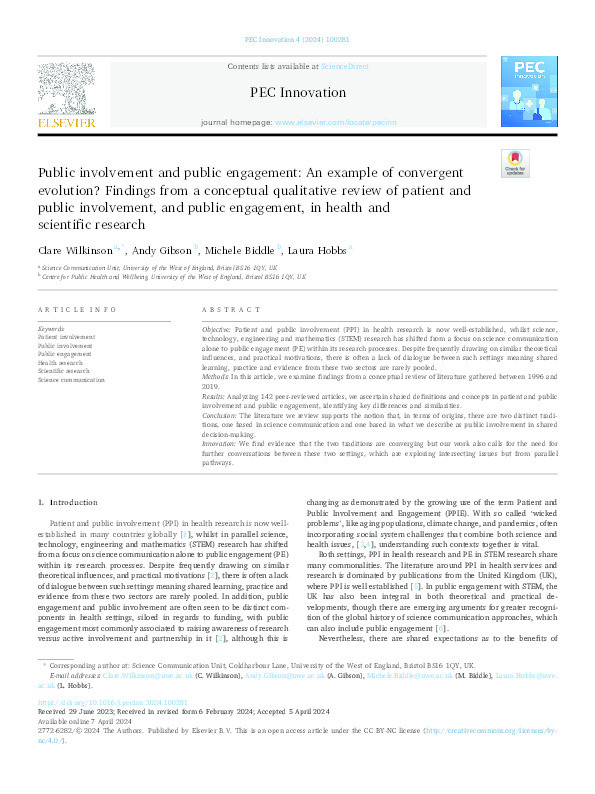 Public involvement and public engagement: An example of convergent evolution? Findings from a conceptual qualitative review of patient and public involvement, and public engagement, in health and scientific research. Thumbnail