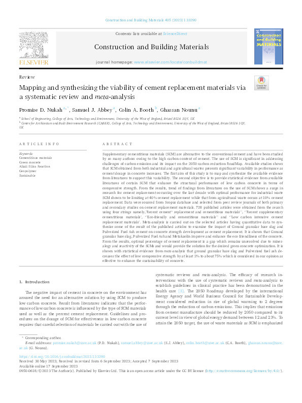 Mapping and synthesizing the viability of cement replacement materials via a systematic review and meta-analysis Thumbnail