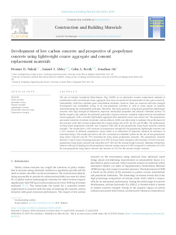 Development of low carbon concrete and prospective of geopolymer concrete using lightweight coarse aggregate and cement replacement materials Thumbnail