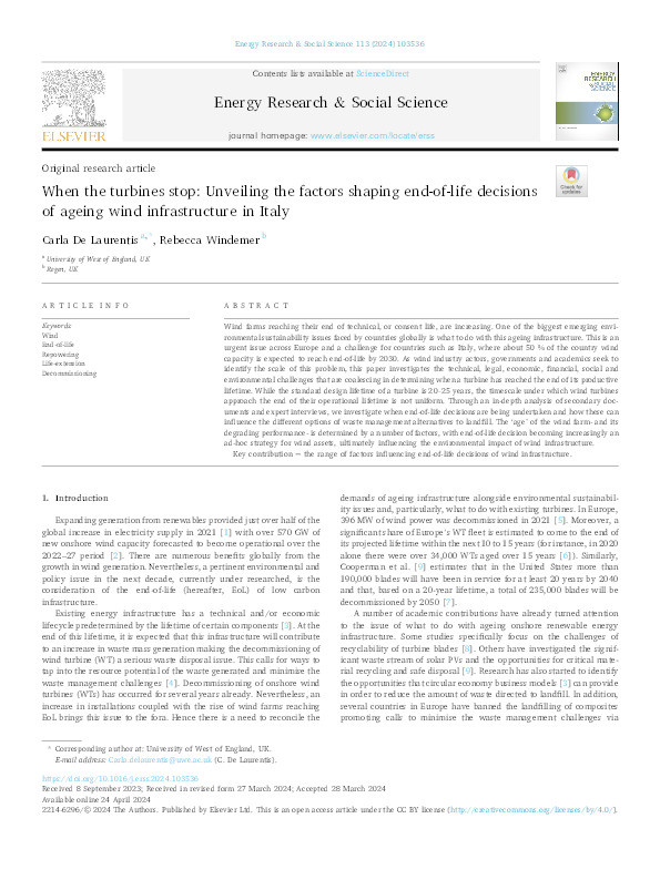 When the turbines stop: Unveiling the factors shaping end-of-life decisions of ageing wind infrastructure in Italy Thumbnail