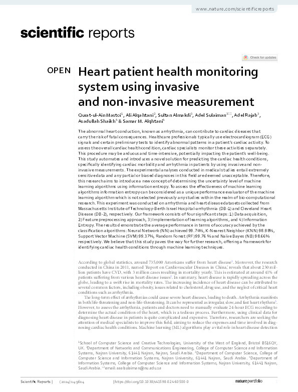 Heart patient health monitoring system using invasive and non-invasive measurement Thumbnail