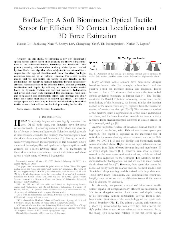 BioTacTip: A soft biomimetic optical tactile sensor for efficient 3D contact localization and 3D force estimation Thumbnail