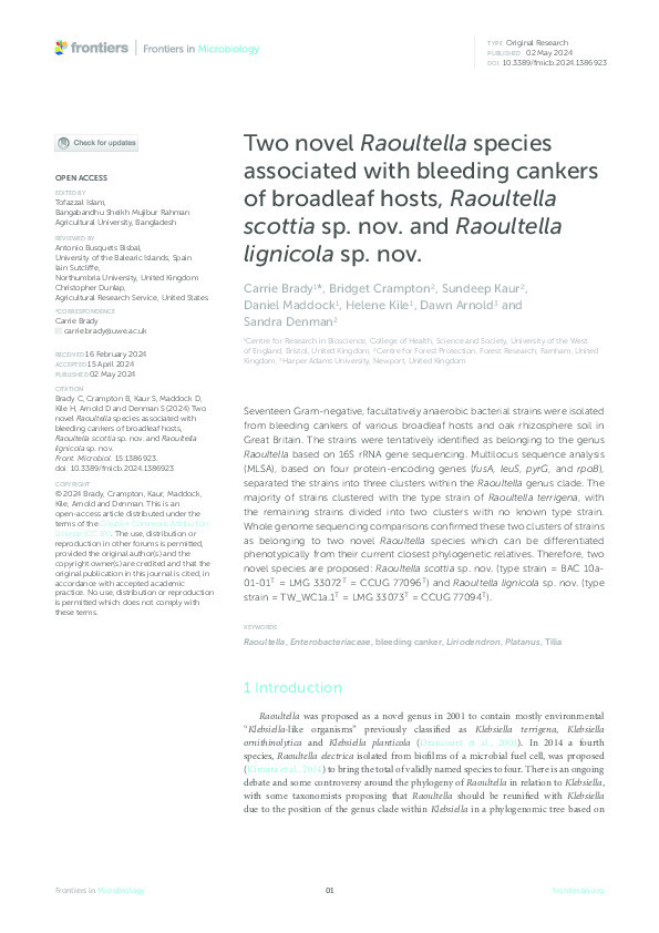 Two novel Raoultella species associated with bleeding cankers of broadleaf hosts, Raoultella scottia sp. nov. and Raoultella lignicola sp. nov. Thumbnail