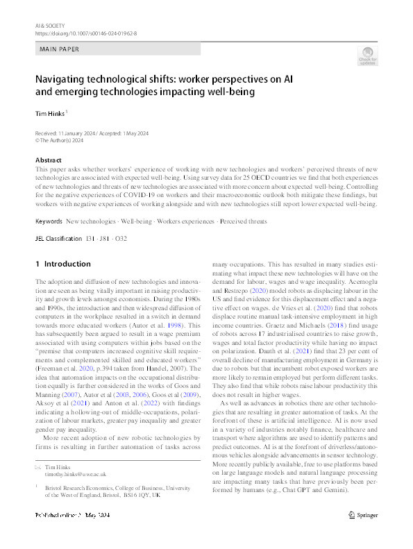 Navigating technological shifts: Worker perspectives on AI and emerging technologies impacting well-being Thumbnail