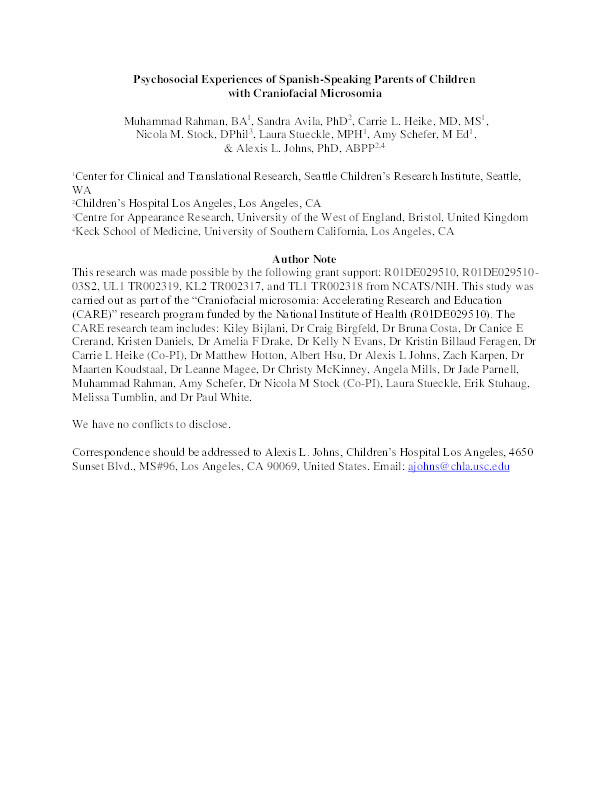 Psychosocial experiences of Spanish-speaking parents of children with craniofacial microsomia Thumbnail