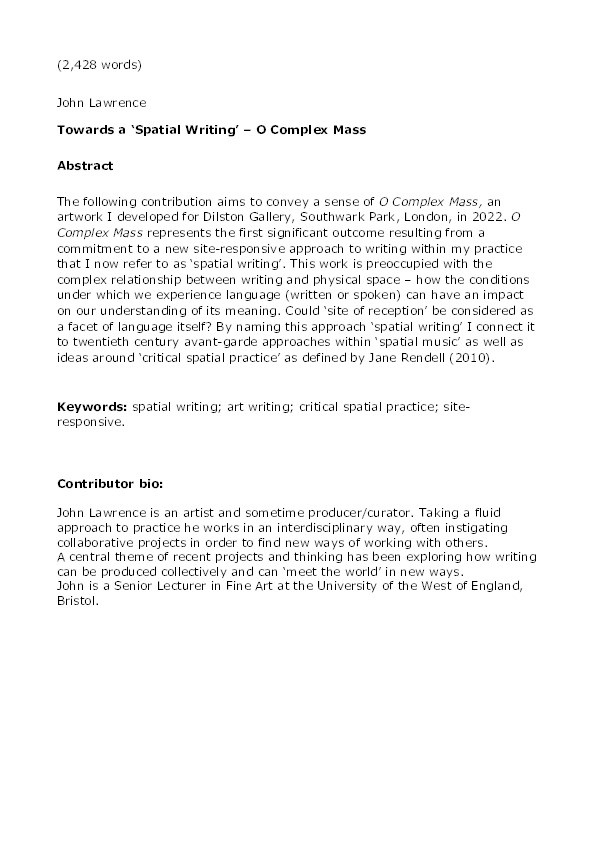 Towards a ‘spatial writing’: O Complex Mass Thumbnail