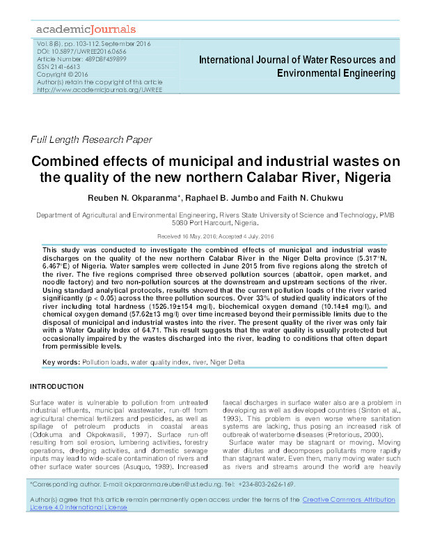 Combined effects of municipal and industrial wastes on the quality of the new northern Calabar River, Nigeria Thumbnail