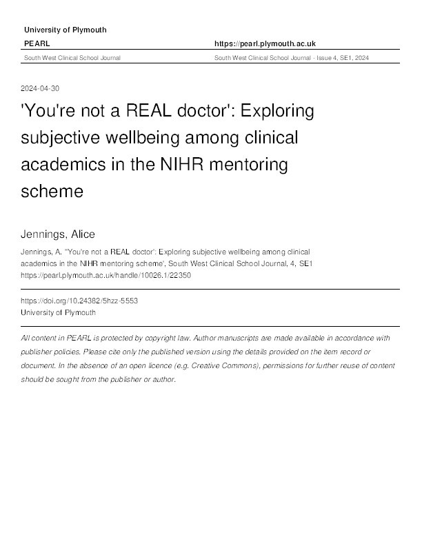 'You’re not a REAL doctor': Exploring subjective wellbeing among clinical academics in the NIHR mentoring scheme Thumbnail