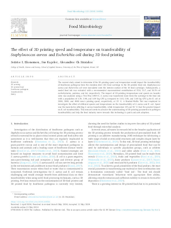 The effect of 3D printing speed and temperature on transferability of Staphylococcus aureus and Escherichia coli during 3D food printing Thumbnail