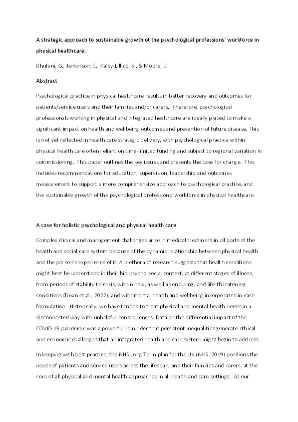 A strategic approach to sustainable growth  of the psychological professions’ workforce  in physical healthcare Thumbnail