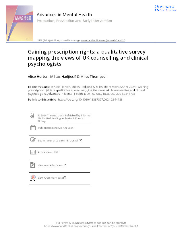 Gaining prescription rights: A qualitative survey mapping the views of UK counselling and clinical psychologists Thumbnail
