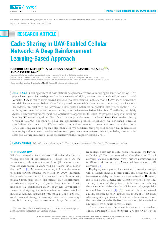 Cache sharing in UAV-enabled cellular network: A deep reinforcement learning-based approach Thumbnail