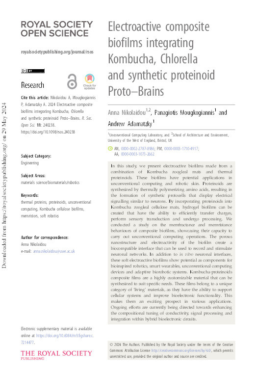 Electroactive composite biofilms integrating Kombucha, Chlorella and synthetic proteinoid Proto-Brains Thumbnail