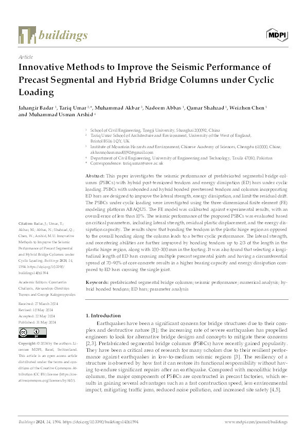 Innovative methods to improve the seismic performance of precast segmental and hybrid bridge columns under cyclic loading Thumbnail