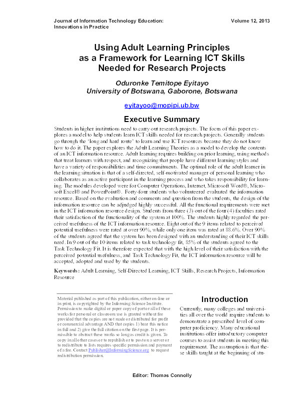 Using adult learning principles as a framework for learning ICT skills needed for research projects Thumbnail