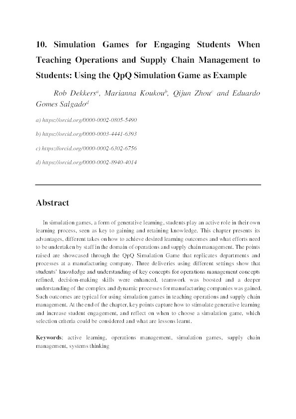 Simulation games for engaging students when teaching operations and supply chain management to students: Using the QpQ simulation game as an example Thumbnail