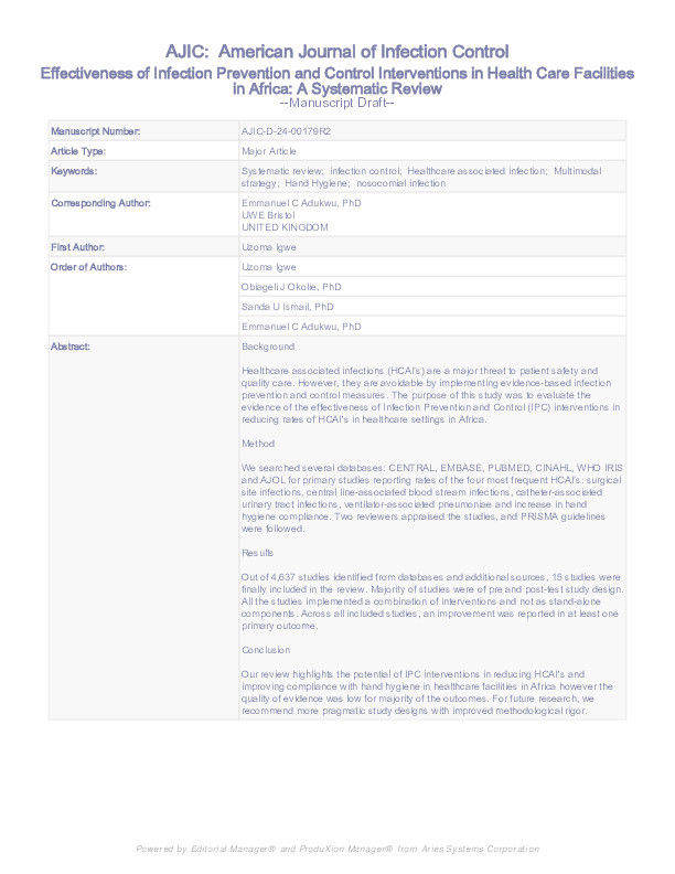 Effectiveness of infection prevention and control interventions in health care facilities in Africa: A systematic review Thumbnail