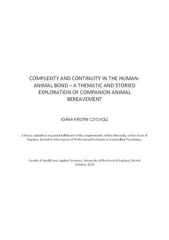 Complexity and continuity in the human-animal bond - a thematic and storied exploration of companion animal bereavement Thumbnail