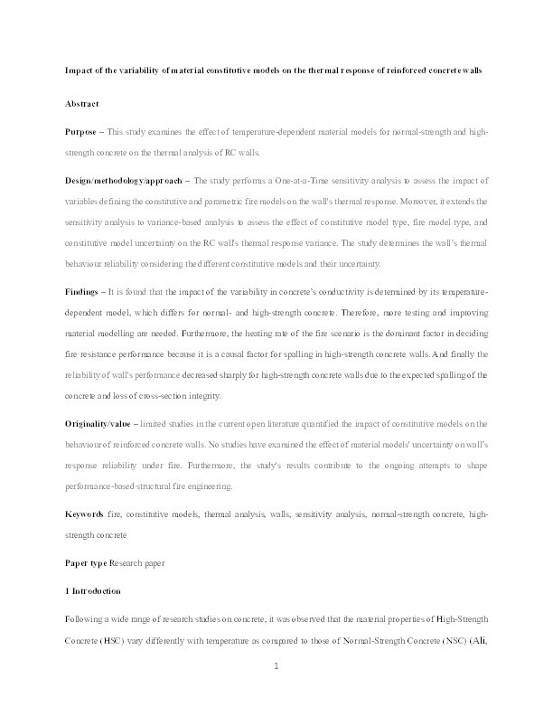 Impact of the variability of material constitutive models on the thermal response of reinforced concrete walls Thumbnail