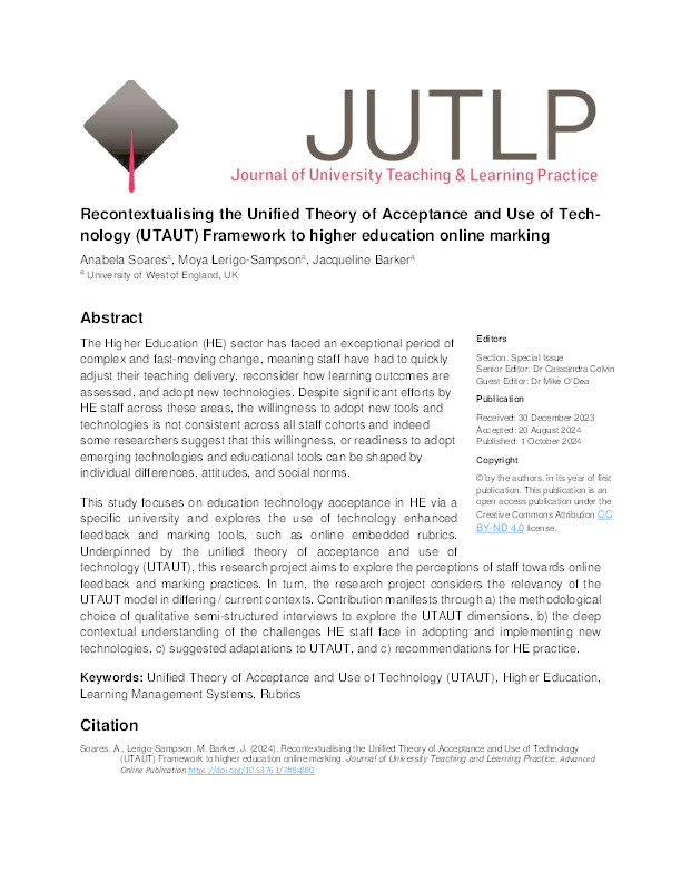 Recontextualizing the Unified Theory of Acceptance and Use of Technology (UTAUT) framework to higher education online marking Thumbnail