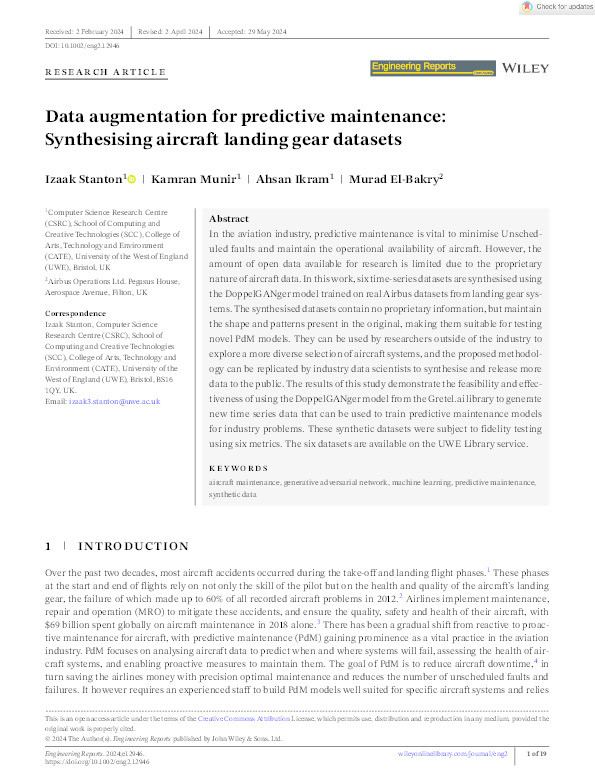 Data augmentation for predictive maintenance: Synthesising aircraft landing gear datasets Thumbnail