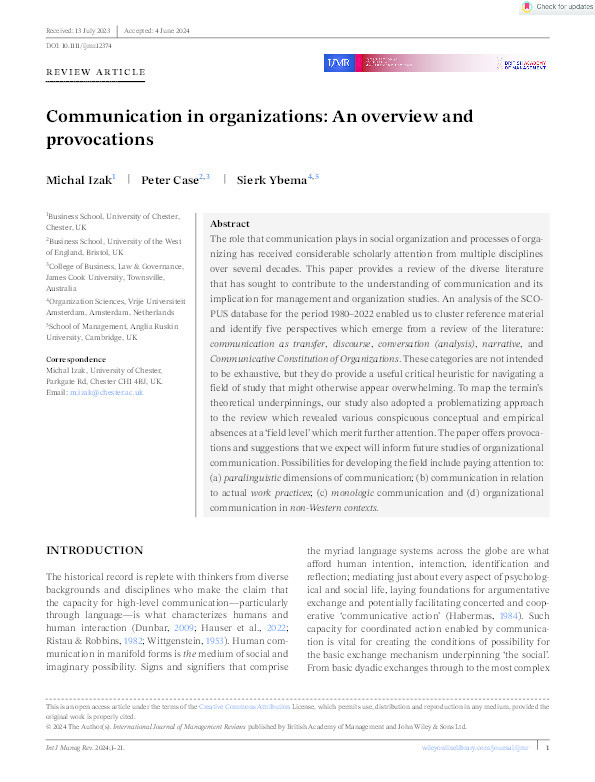 Communication in organizations: An overview and provocations Thumbnail