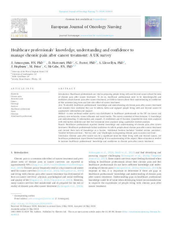 Healthcare professionals' knowledge, understanding and confidence to manage chronic pain after cancer treatment: A UK survey Thumbnail