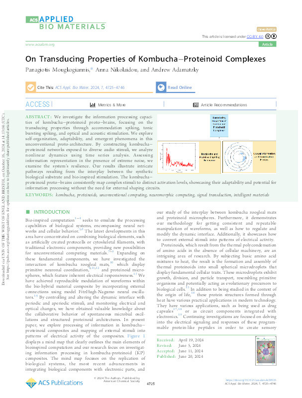 On transducing properties of kombucha−proteinoid complexes Thumbnail