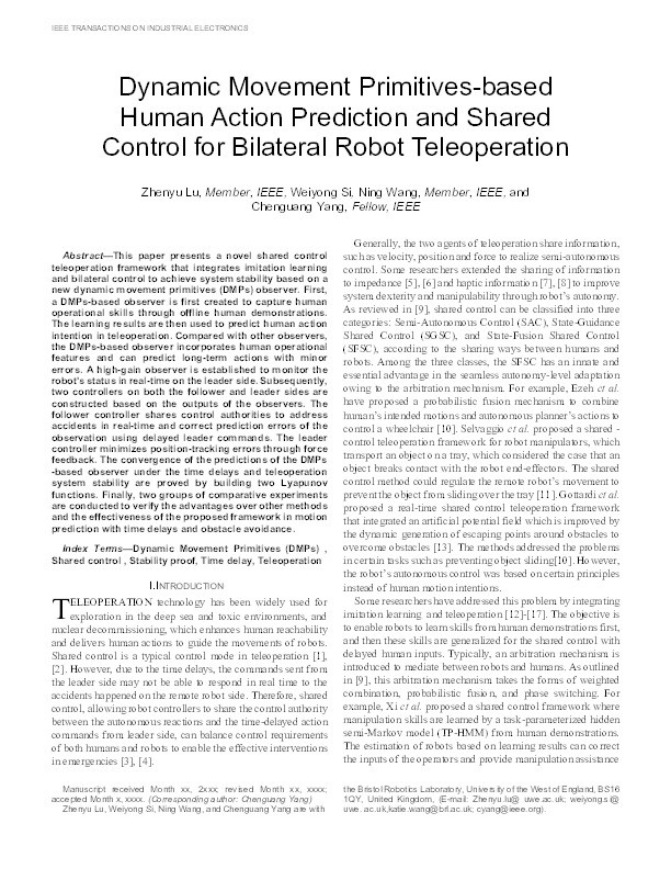 Dynamic movement primitives-based human action prediction and shared control for bilateral robot teleoperation Thumbnail