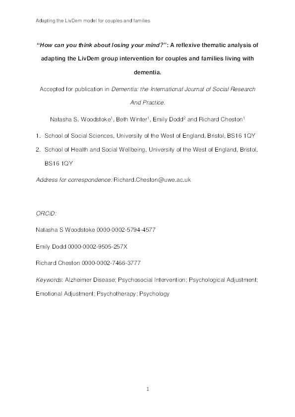 “How can you think about losing your mind?”: A reflexive thematic analysis of adapting the LivDem group intervention for couples and families living with dementia Thumbnail