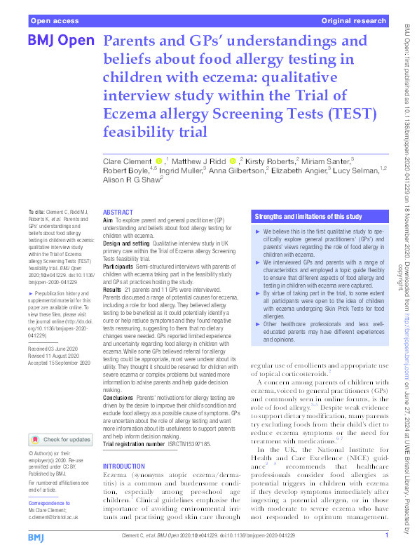 Parents and GPs' understandings and beliefs about food allergy testing in children with eczema: Qualitative interview study within the Trial of Eczema allergy Screening Tests (TEST) feasibility trial Thumbnail