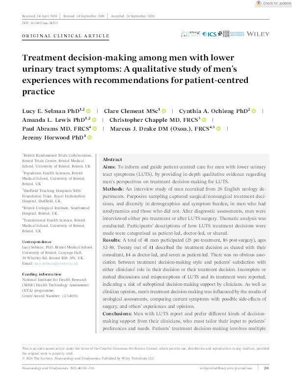 Treatment decision-making among men with lower urinary tract symptoms: A qualitative study of men's experiences with recommendations for patient-centred practice Thumbnail