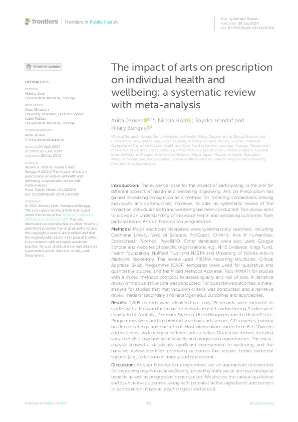 The impact of Arts on Prescription on individual health and wellbeing: A systematic review with meta-analysis Thumbnail