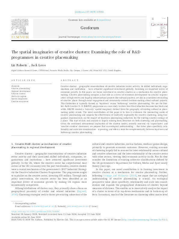 The spatial imaginaries of creative clusters: Examining the role of R&D programmes in creative placemaking Thumbnail