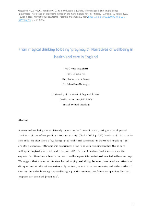 From magical thinking to being ‘pragmagic’: Narratives of wellbeing in health and care in England Thumbnail