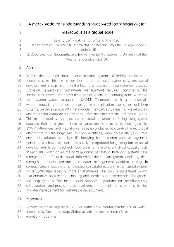 A meta-model for understanding ‘green-red loop’ social-water interactions at a global scale Thumbnail