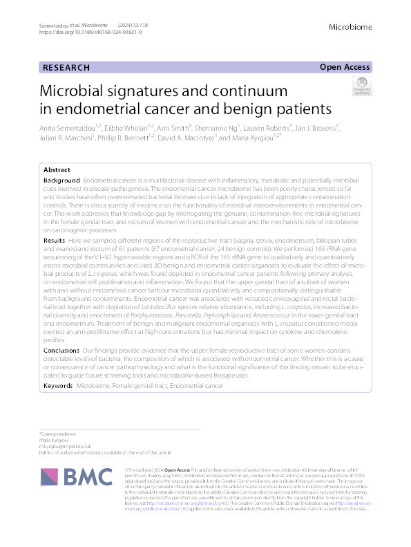 Microbial signatures and continuum in endometrial cancer and benign patients Thumbnail