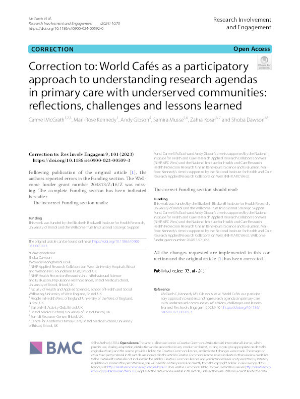 Correction to: World Cafés as a participatory approach to understanding research agendas in primary care with underserved communities: Reflections, challenges and lessons learned Thumbnail