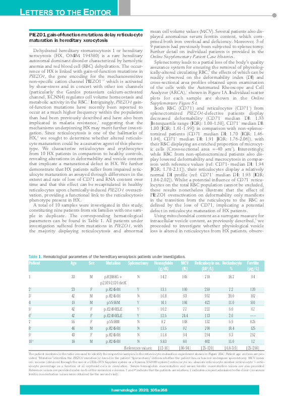 PIEZO1 gain-of-function mutations delay reticulocyte maturation in hereditary xerocytosis Thumbnail