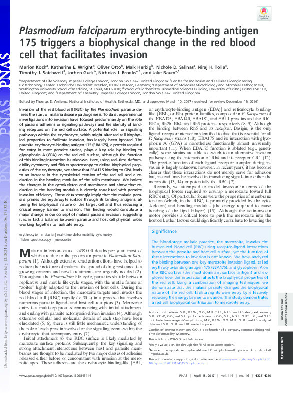 Plasmodium falciparum erythrocyte-binding antigen 175 triggers a biophysical change in the red blood cell that facilitates invasion Thumbnail