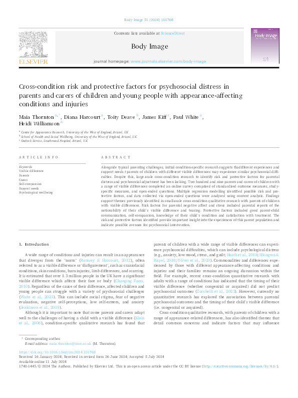 Cross-condition risk and protective factors for psychosocial distress in parents and carers of children and young people with appearance-affecting conditions and injuries Thumbnail